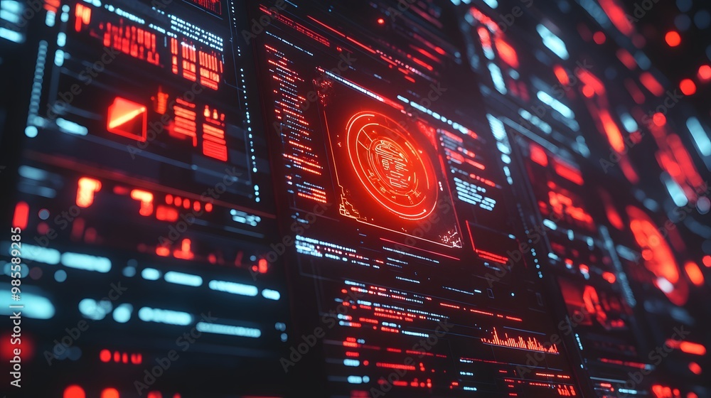Aufkleber A digital interface showing an AI takeover of global systems, with glowing red alerts and intense data patterns creating a thrilling and fear-inducing scene.