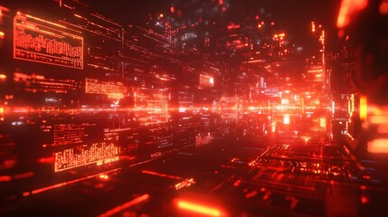 A digital interface showing an AI takeover of global systems, with glowing red alerts and intense data patterns creating a thrilling and fear-inducing scene.