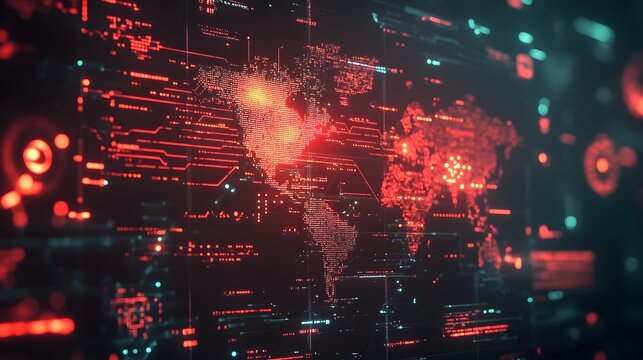 A digital interface showing an AI takeover of global systems, with glowing red alerts and intense data patterns creating a thrilling and fear-inducing scene.