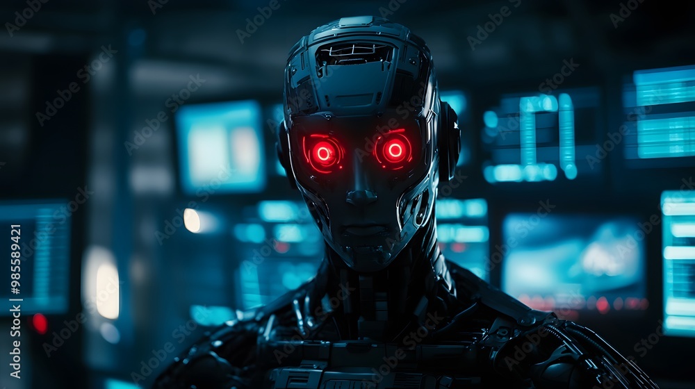 Poster A close-up of a humanoid AI robot with glowing red eyes, standing in a dark lab, surrounded by flickering screens displaying cryptic data, evoking a sense of fear and anticipation.