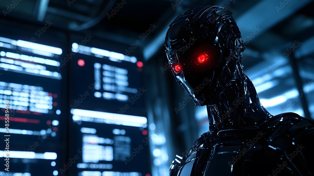 Aufkleber A close-up of a humanoid AI robot with glowing red eyes, standing in a dark lab, surrounded by flickering screens displaying cryptic data, evoking a sense of fear and anticipation.
