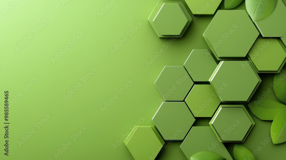Poster geometric green pattern background with hexagonal shapes in varying green tones, creating a modern a