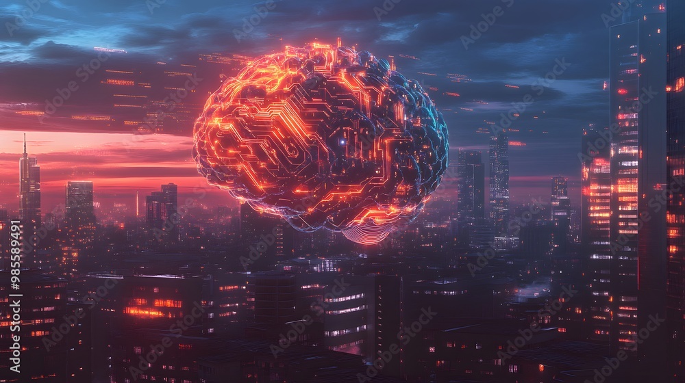 Aufkleber An illustration of a giant AI brain made of circuits hovering over a city, with data streams flowing from it, creating a visually exciting but fear-inducing atmosphere.