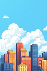Naklejka premium Colorful cartoon city skyline with blue sky and fluffy clouds for urban landscape design