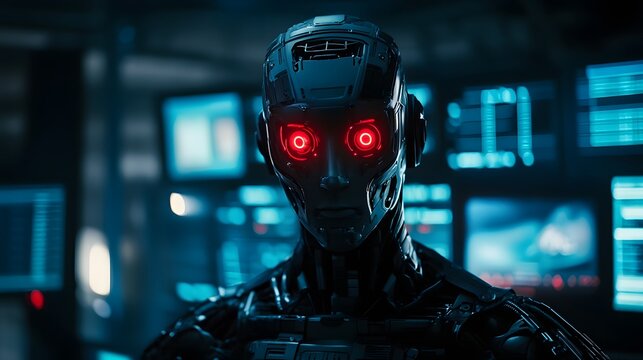A close-up of a humanoid AI robot with glowing red eyes, standing in a dark lab, surrounded by flickering screens displaying cryptic data, evoking a sense of fear and anticipation.