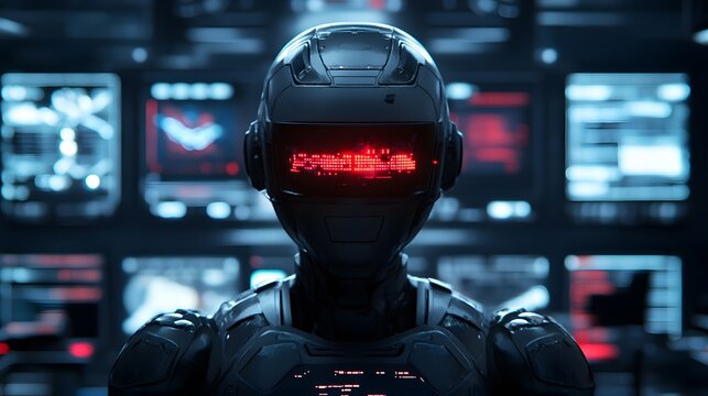 A close-up of a humanoid AI robot with glowing red eyes, standing in a dark lab, surrounded by flickering screens displaying cryptic data, evoking a sense of fear and anticipation.