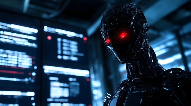 A close-up of a humanoid AI robot with glowing red eyes, standing in a dark lab, surrounded by flickering screens displaying cryptic data, evoking a sense of fear and anticipation.