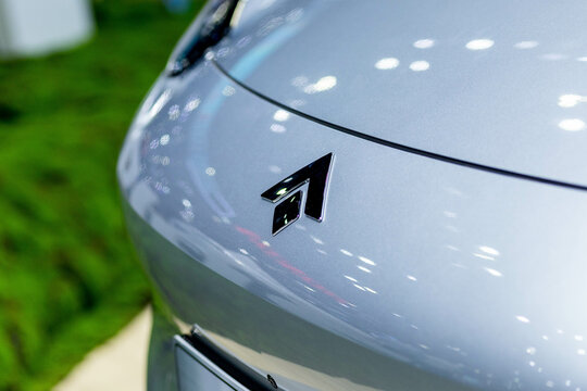 Bangkok, Thailand - March 29 2024 : Close up of an Aion car badge logo on a new vehicle at Muang Thong Thani, Thailand.