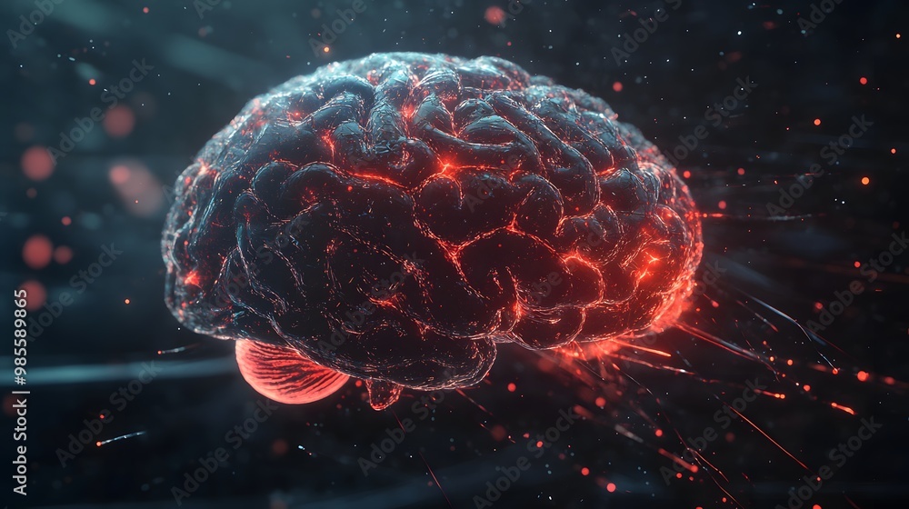 Poster an illustration of an ai brain with sharp edges and glowing veins, expanding rapidly in a dark digit