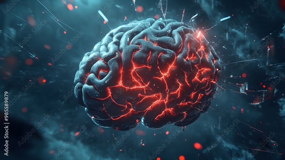 Poster an illustration of an ai brain with sharp edges and glowing veins, expanding rapidly in a dark digit
