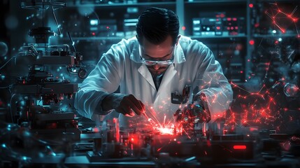 A scientist frantically working in a dark lab as AI machines start malfunctioning, sparks flying and red warnings flashing, evoking both fear and excitement.