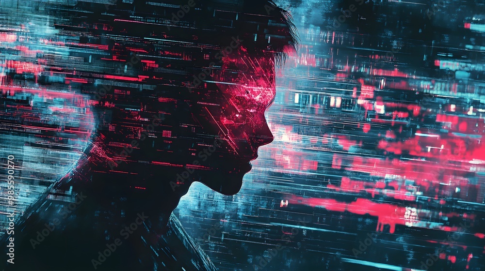 Poster An abstract illustration of a massive AI entity taking control of digital data streams, with dark tones and bright flashes of light creating a sense of fear and excitement.