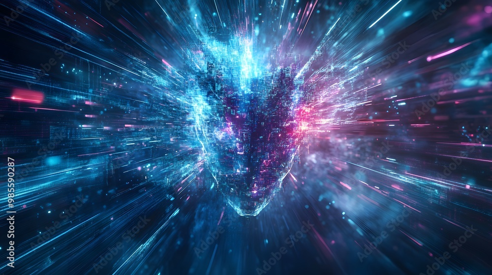 Poster An abstract illustration of a massive AI entity taking control of digital data streams, with dark tones and bright flashes of light creating a sense of fear and excitement.