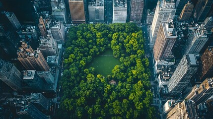 Aerial shot of an eco-friendly cityscape with a giant park in the center, merging modern architecture with vast green spaces, promoting sustainability