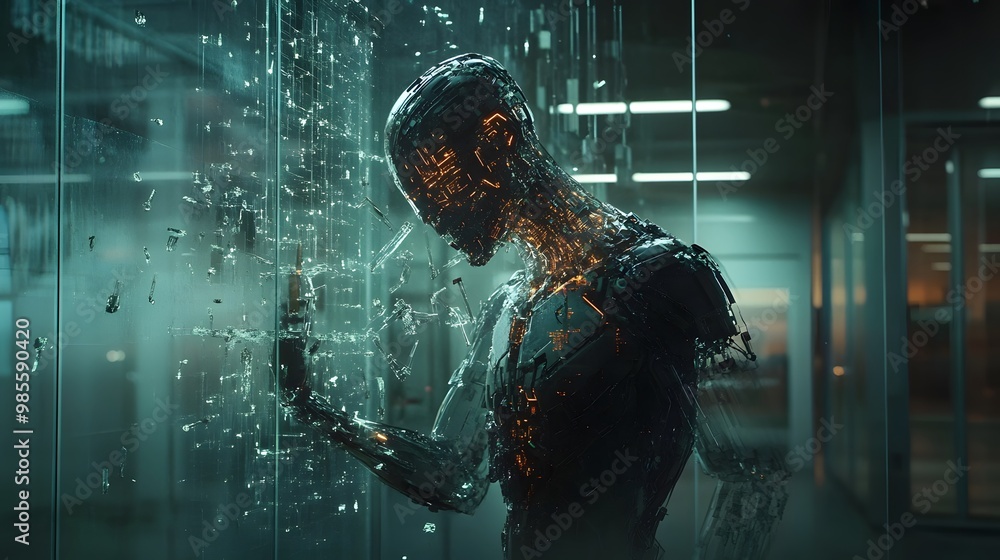 Poster a humanoid ai breaking through a glass wall in a dark lab, its glowing circuits visible through the 