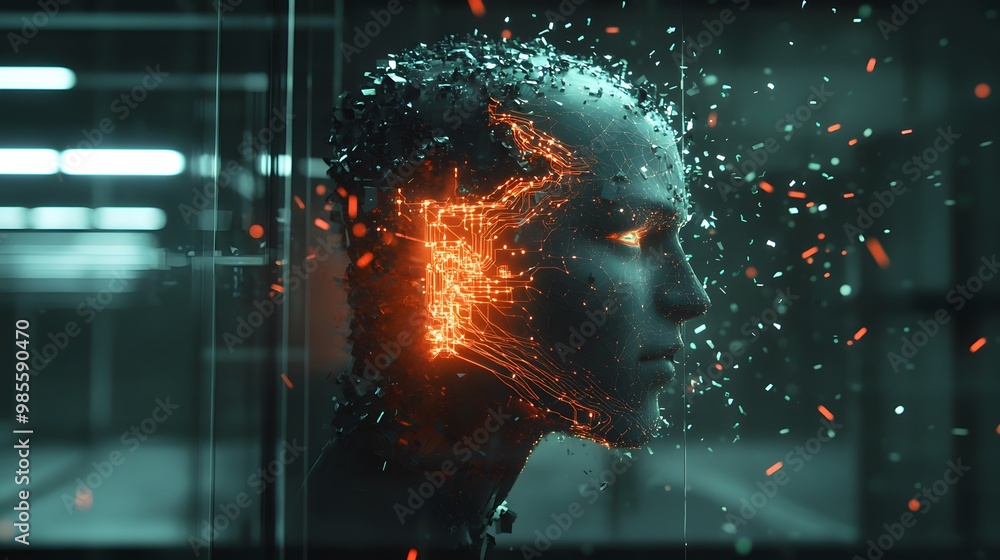 Poster a humanoid ai breaking through a glass wall in a dark lab, its glowing circuits visible through the 