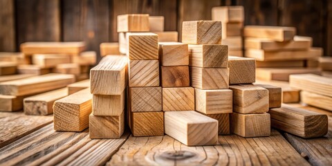 Close up of wooden timber pieces arranged on a wood board
