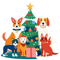 Festive Canine Crew: A pack of adorable dogs gathers around a decorated Christmas tree, radiating holiday cheer and wagging tails. 