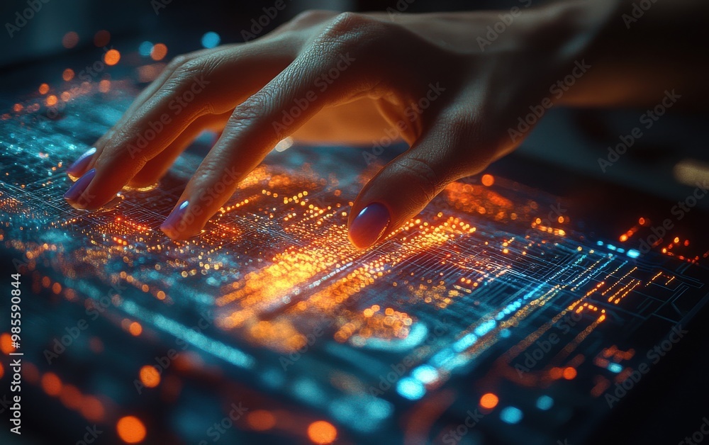 Poster close-up of hand interacting with futuristic digital interface, showcasing innovation in technology 
