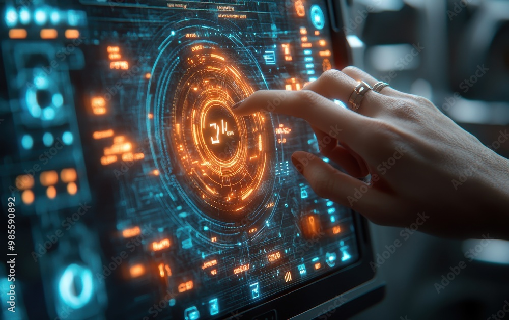 Poster futuristic touchscreen interface with glowing tech elements being used by a person. concept of advan