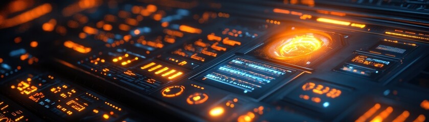 Obraz premium Futuristic digital interface with glowing cybernetic elements and neural patterns on a high-tech control panel.