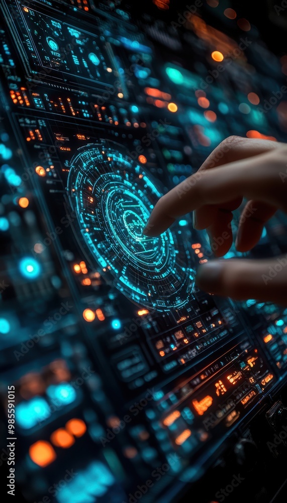 Poster futuristic user interface with a hand interacting with a holographic display, showcasing advanced te