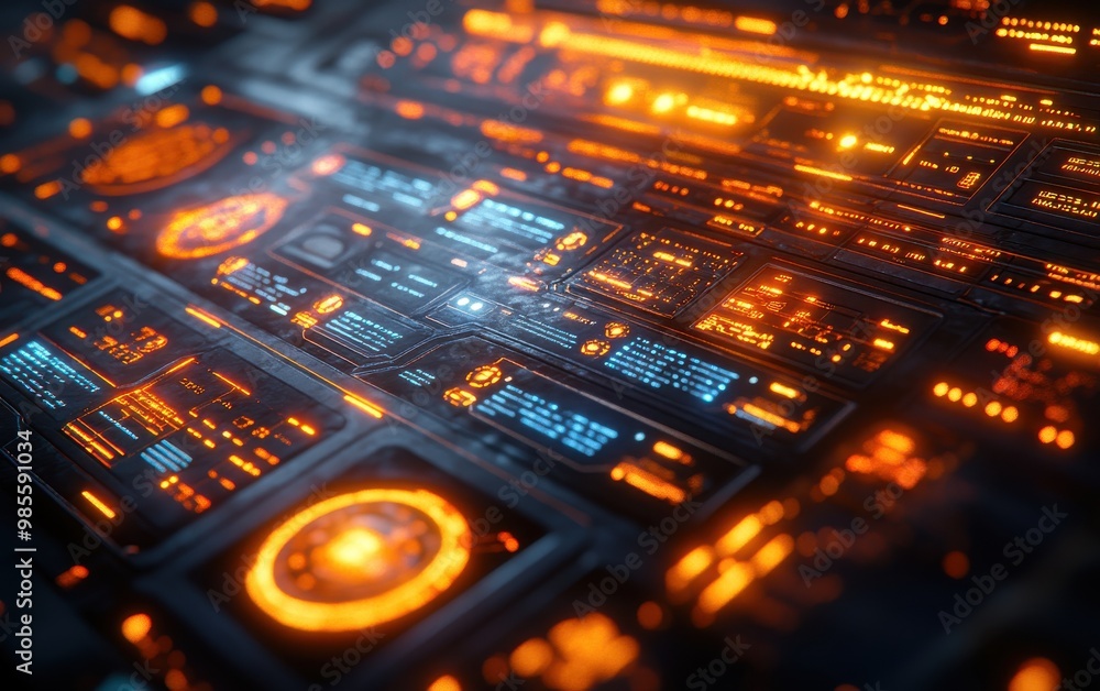 Poster futuristic digital interface with glowing orange and blue panels, displaying high-tech data and cont