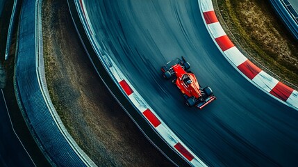 Aerial shot of a Formula 1 racetrack at night, neon-lit tracks and AI-guided cars in a high-speed race. Synthwave style, vivid colors, 3D render, motion blur