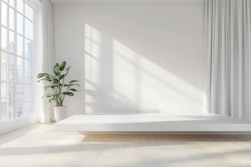Fototapeta premium Empty top white top table in living room. For product display montage with generative ai