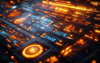 Obraz premium Futuristic digital interface with glowing orange and blue panels, displaying high-tech data and controls in a sleek, sci-fi design.