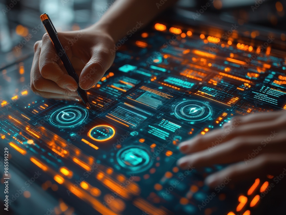 Poster futuristic touchscreen interface with glowing holographic elements, showcasing high-tech interaction