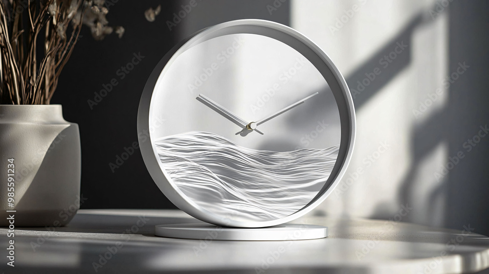Poster minimalist white clock casting shadow, symbolizing flow of time. its sleek design and gentle curves 
