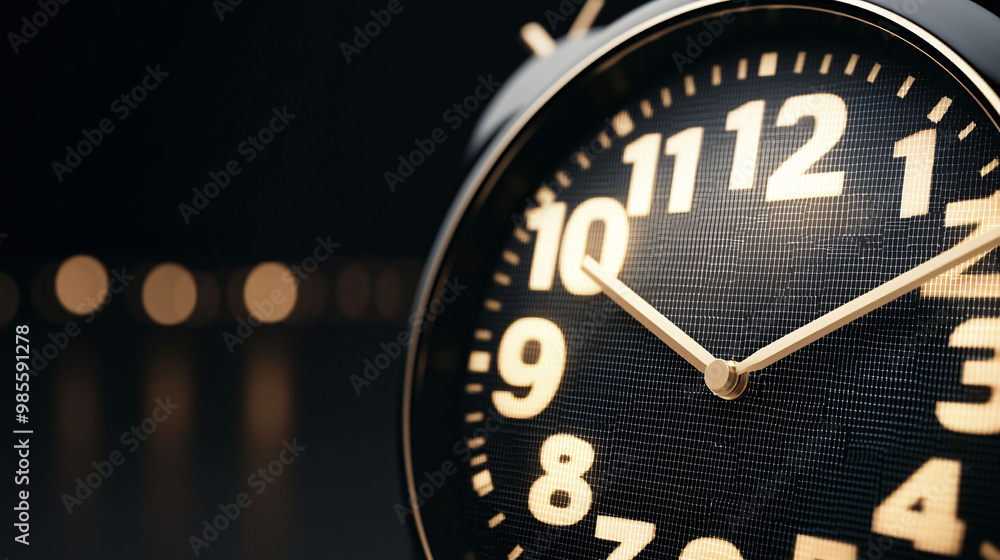Poster modern clock face with numbers dissolving into pixels, showcasing sleek design and elegant details. 