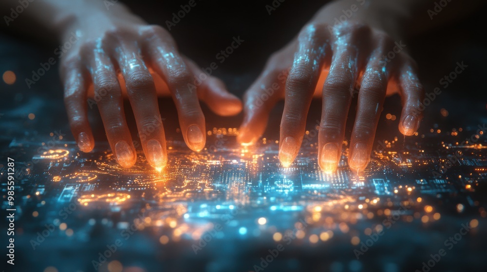Poster close-up of hands interacting with a futuristic holographic interface, showcasing technology and hum