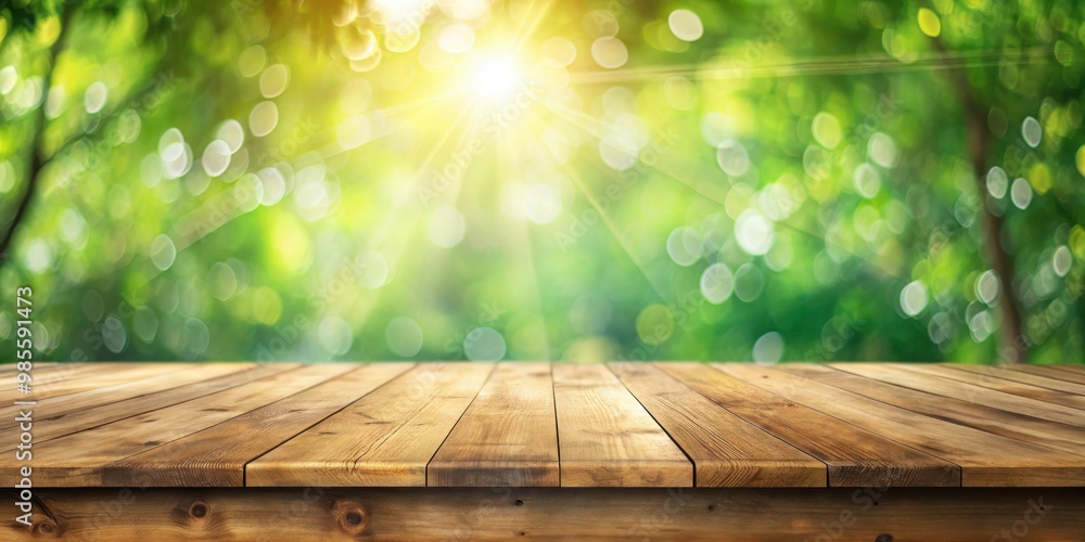 Aufkleber wooden table with bokeh nature background perfect for product display or montage