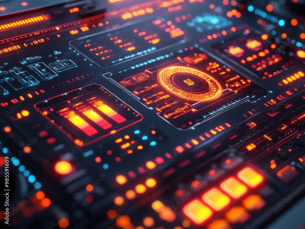 Poster futuristic digital interface with vibrant colors and advanced data visualizations, perfect for techn
