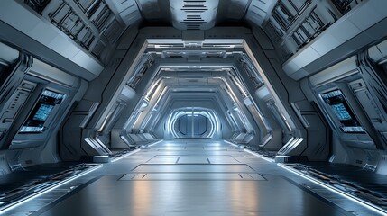 Obraz premium Futuristic Metal Corridor with Bright Lights and a Door at the End