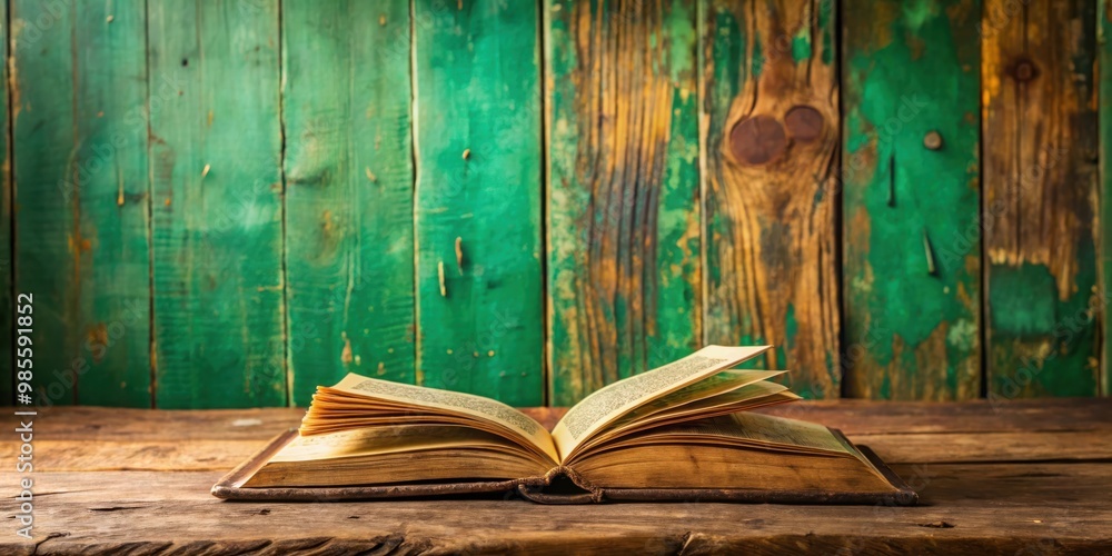 Poster old book with worn pages lying on a rustic red wooden table against a vibrant green wall