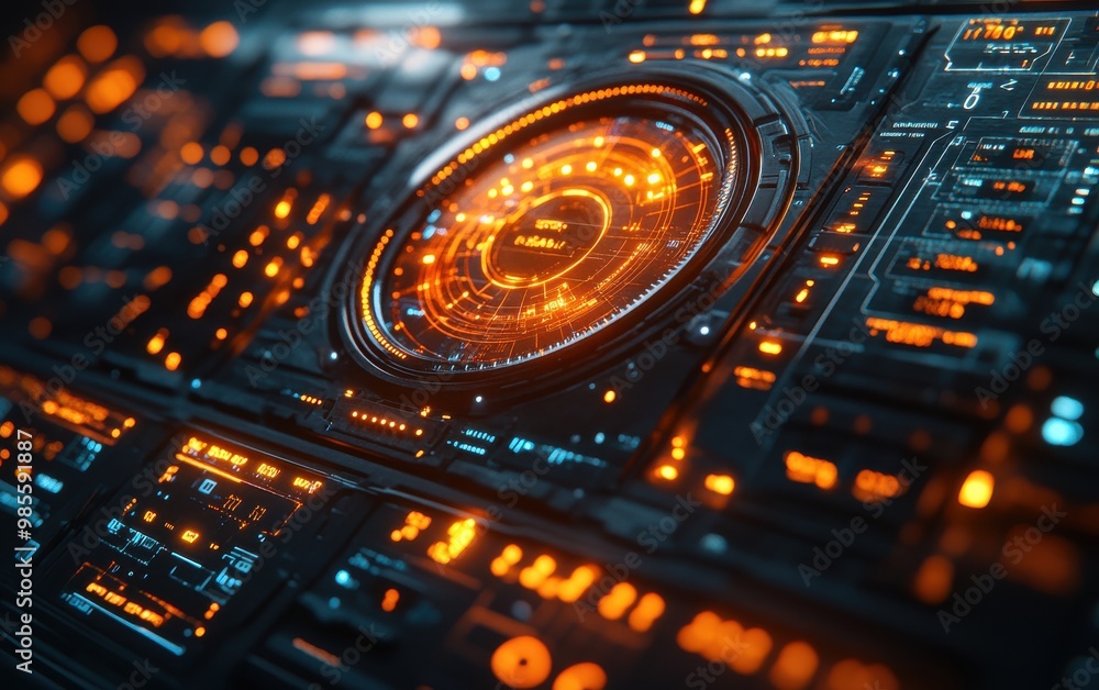 Poster futuristic digital interface with holographic display and glowing elements, showcasing high-tech tec