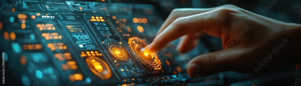 Poster hand pointing at a futuristic digital interface with glowing icons and technology elements, represen