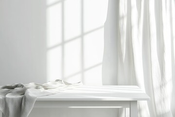 Fototapeta premium Empty top white top table in living room. For product display montage with generative ai
