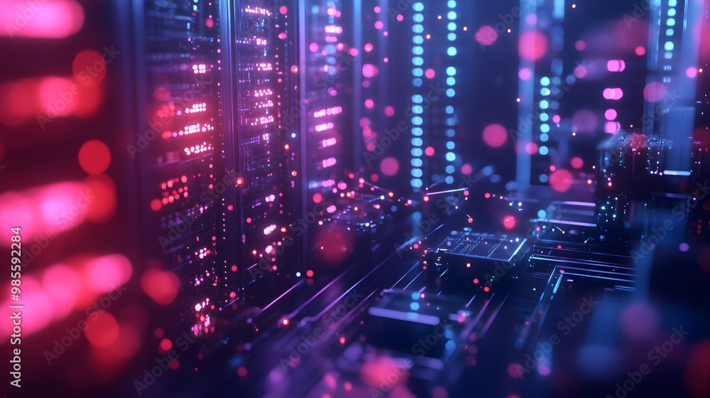 Poster An abstracted machine learning infrastructure diorama, with glowing nodes, servers, and data streams forming an exciting visual representation of innovation.