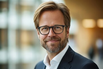 Fototapeta premium A confident man with a neatly styled beard and glasses smiles in a contemporary office space filled with natural light