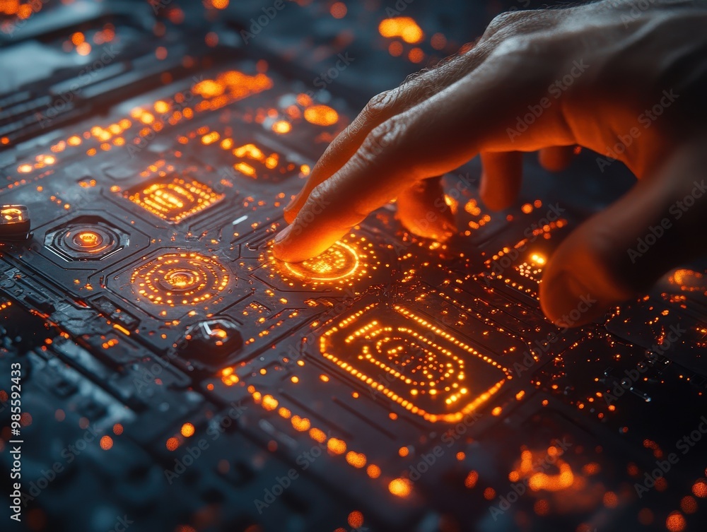 Poster hand interacting with glowing futuristic digital interface, depicting advanced technology and innova