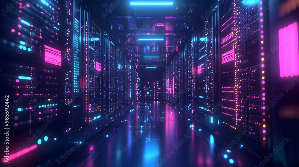 Poster An abstract digital diorama showing the infrastructure of machine learning, with neon-lit servers and connected data nodes creating an exciting and innovative atmosphere.