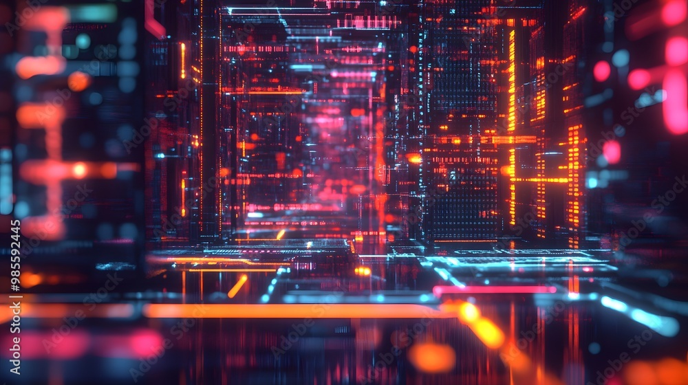 Poster An abstract digital diorama showing the infrastructure of machine learning, with neon-lit servers and connected data nodes creating an exciting and innovative atmosphere.