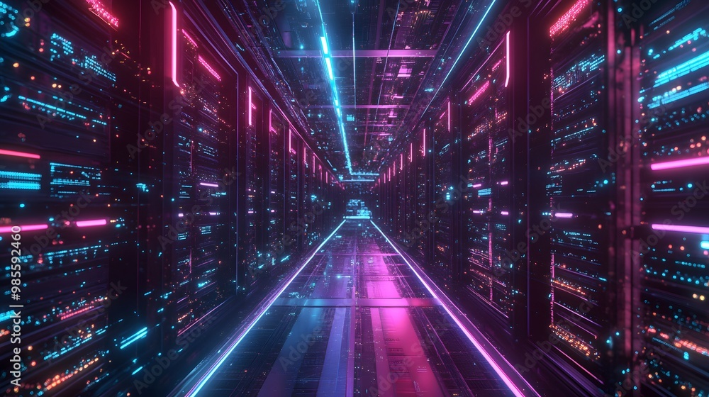 Poster An abstract digital diorama showing the infrastructure of machine learning, with neon-lit servers and connected data nodes creating an exciting and innovative atmosphere.