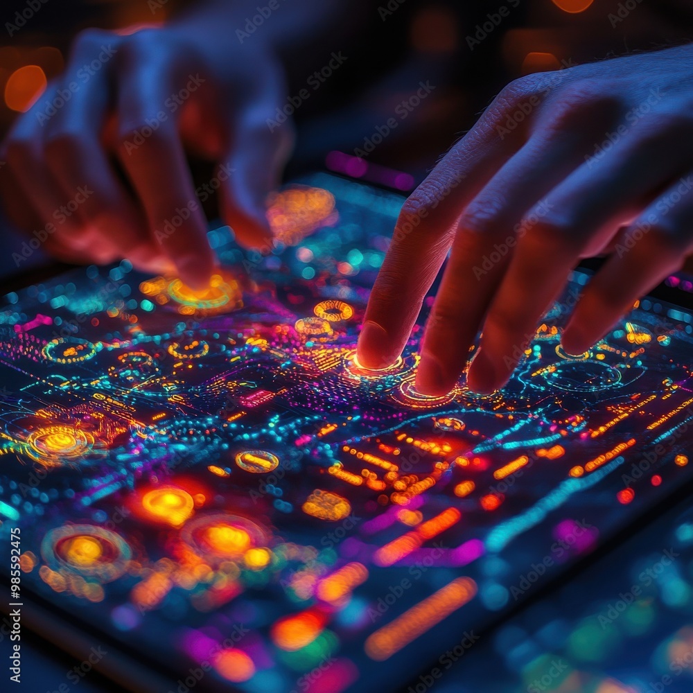Poster close-up of hands interacting with futuristic digital touchscreen interface, depicting advanced tech