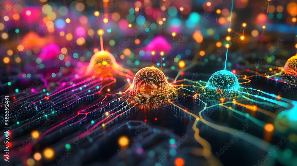 Poster A vibrant diorama illustration of interconnected machine learning systems, glowing with dynamic colors and representing the excitement of AI-driven innovation.