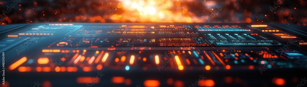 Poster futuristic digital interface with glowing neon lights and high-tech graphics in a sci-fi environment